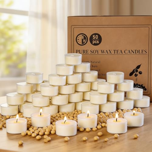 50 velas de té naturales inodoras hechas de cera de soja 100%, 6 horas de combustión, sin parafina, no tóxicas, veganas, en taza transparente