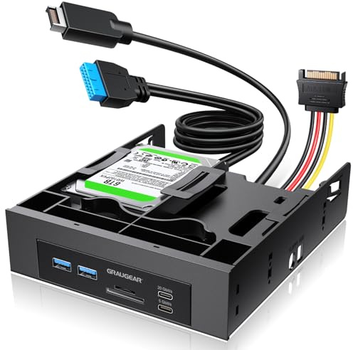 GRAUGEAR 5,25 tums PC frontpanel för PC-chassi med SD-kortläsare och 4-port USB 3.2 HUB I USB-C 20 Gbit/s I + SSD installationsram I för 2 x 2,5 tum SATA SSD intern I skruvlös för stationär PC I SSD