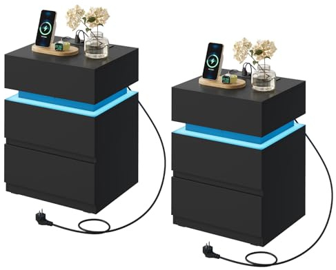 WOLTU Table de Chevet Connectée, Lot 2, LED, 2 Prises, 2 Ports USB, Noir