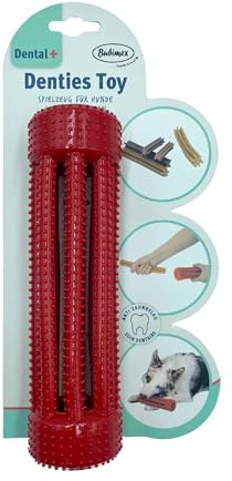 Bubimex - Denties Toy - Jouet à Mâcher pour Chien - A garnir avec Friandise en Bâtonnet - Nettoyage des Dents - Picots pour Masser Les Gencives - Caoutchouc TPR Solide et Flexible - 19x5x5cm - Rouge