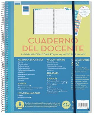Finocam - Carnet d'enseignant semaine par page en espagnol avec autocollants et pochettes transparentes, feuilles de listes et d'évaluations et section de tutorat. Idéal pour l'organisation scolaire.