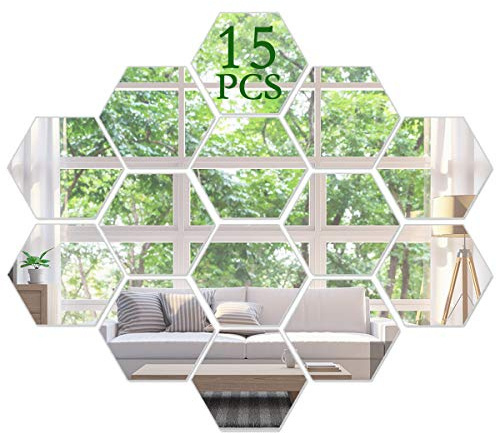 KimDaro 3D Hexagon Acrylic Mirror Wall Decor - Self Adhesive Tiles (15 PCS)