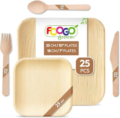 FOOGO Green 125pcs Disposable Palm Leaf Plates and Wooden Cutlery Set, FSC® Certified, 25x Large Square, 25x Small Side Plates, 25x Spoons, 25x Forks, 25x Knives, Eco Friendly
