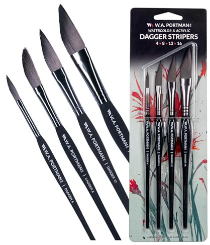 WA Portman Dolch-Pinsel-Set, Dolchpinsel für Aquarell und Acryl, professionelles Aquarell-Pinsel und Acryl-Pinsel-Set, Acryl- und Aquarellpinsel mit Komfortgriff, 4 Stück