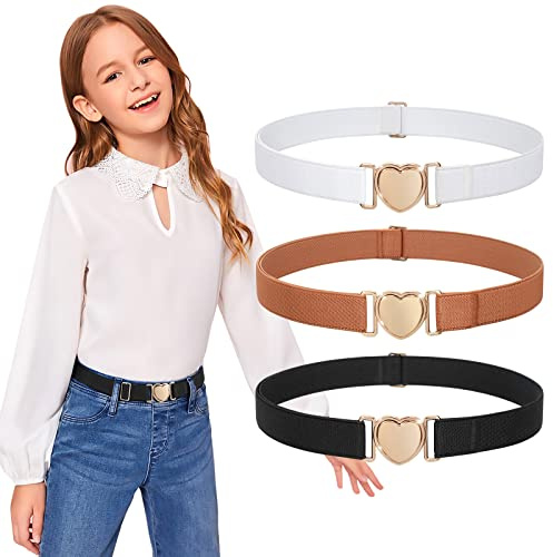 JASGOOD Kids Toddler Elastic Belts Adjustable Stretch Belts for Boys Girls Teens with Heart Buckle Set of 3(Black+Brown+White,Suit Waist Size 17-30)…
