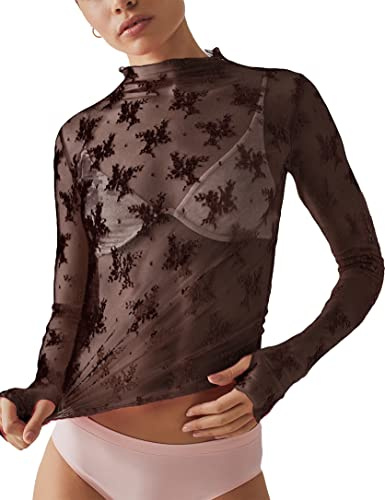 Ugerlov Lace Tops for Women Long Sleeve Mesh Tops Sheer Shirts Black M