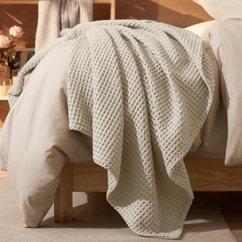 PHF Ultra Soft Waffle Weave Throw Blanket 50x 60- Washed Lightweight Breathable Cozy Woven Blanket for Bed - Aesthetic Decor for Couch Bedding Sofa Home Car - Light Khaki/Linen