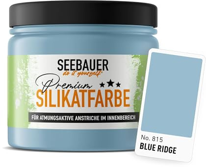 SEEBAUER diy Silikatfarbe Blau 300ml für Innen (No. 815 Blue Ridge) Atmungsaktive Mineralfarbe für Allergiker - Abwaschbare Wandfarbe - Blautöne hohe Deckkraft