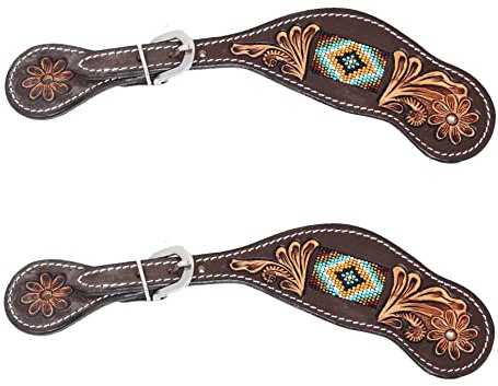 CHALLENGER Horse Western Floral Tooled Leather Beaded Inlay Cowboy Rodeo Boots Spur Straps 74190