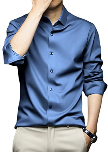 MAOAEAD Camisas para hombre elásticas, antiarrugas, de manga larga, camisa clásica de seda con ajuste slim fit, camisa formal de negocios sin planchado