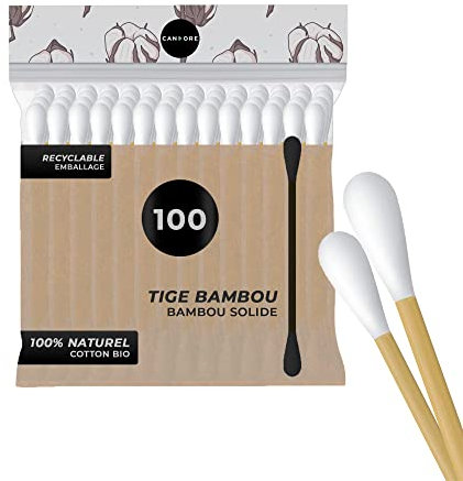 Wattestäbchen 100 – Candore – Stärkerer Bambusstab, weicher Baumwollkopf – Biologisch Abbaubar