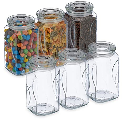 Relaxdays Vorratsgläser mit Deckel, 6er Set, Glas, 1000 ml, eckige Vorratsdosen, luftdichte Glasbehälter, transparent