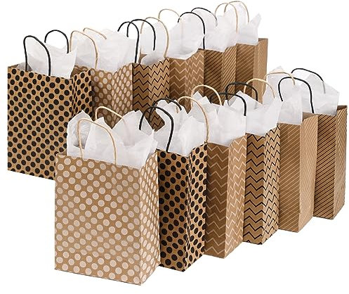 Cootato 24 Stück Geschenktaschen mit 24 Taschentüchern, Party Favor Taschen mit Griffen, Braun Geschenktüten aus Kraftpapier für Geburtstag Hochzeit Babyparty, Party (Polka Dot/Welle/Streifen)