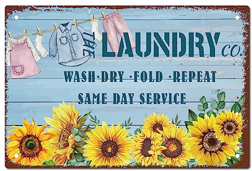 CREATCABIN Laundry Room Sign Sunflower Decor Metal Tin Sign Wall Art Vintage Retro Poster Iron Plaques Waterproof Paintings for Home Toilet Bathroom Decorations 8 x 12 Inch