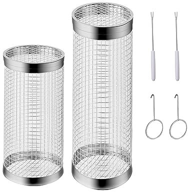 Confezione da 2 cestelli per griglia, cestello per griglia in acciaio inox con forchetta, per barbecue da campeggio e da terrazza, per verdure, patatine fritte, pesce, carne (20 cm+30 cm)