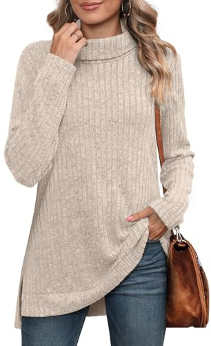 WIHOLL Early Fall Fashion Must Haves Long Sweaters for Women for Leggings Turtleneck Tops Plus Size Winter Clothes Long Sleeve Shirts Side Splits Apricot L