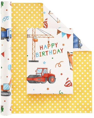 Bagger Geschenkpapier – 1 Rolle Baustellen Geburtstags Geschenkpapier Junge Kinder Bagger Traktor Geschenk Verpackung Gelb Einschulung Geschenkpapierrolle Truck wrapping paper single roll