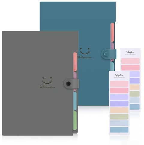 SKYDUE Lot de 2 classeurs de dossiers, format A4, organisateur de documents avec 5 poches, extensible, pour la maison, le bureau, les entreprises (bleu gris)