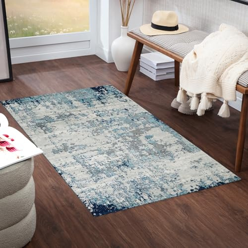 Livabliss Moroni Abstract Rug - Runner Rugs Living Room 80x150 cm, Hallway, Dining Room Area - Modern Marble Large Rug, Soft Luxurious Easy Care Medium Pile, Blue, Grey and Ivory