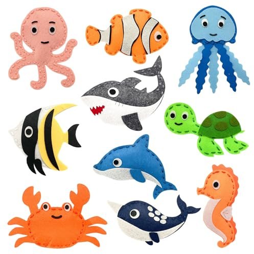 Vlokup Sea Animals Felt Sewing Kit for Kids, Ocean Animals Kids Sewing Kit for Beginners Ages 7 8 9 10 11 12， Sewing Craft Kit Educational and Fun Gift for Girls and Boys