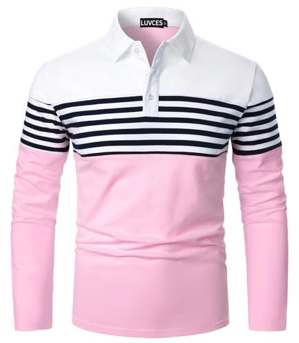 LUVCES Polotröja herr randig långärmad ledig smal passform kontrastfärger golf poloshirt bomull T-shirt höst vinter toppar