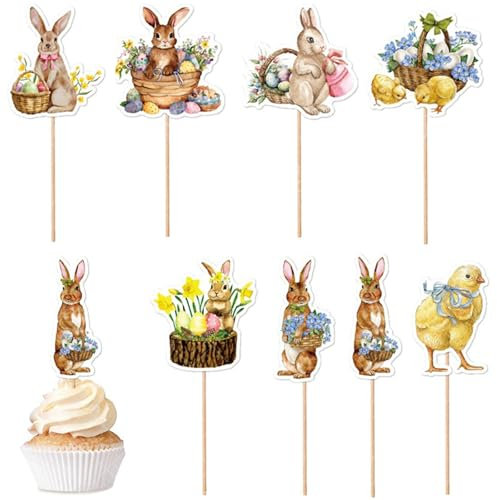 Décoration de Gâteau, Cake Topper, Topper de Gâteau de Lapin, Decorations Gateau Pâques, Topper pour Les Décorations de Table de Pâques et Peuvent, Être Utilisées pour Décorer Cupcakes, 8 Pièces
