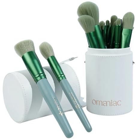 OMANIAC Makeup Brush Set Professional, 20Pcs Pearlescent Wood Handle Makeup Brushes, Premium Cruelty-Free Synthetic Fiber Hair, Travel Make up Brushes Set with Case (Green)