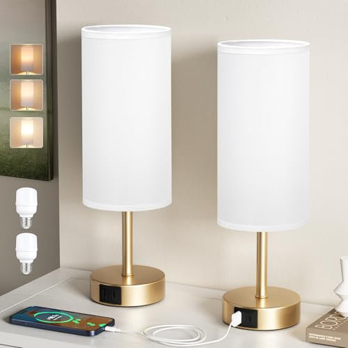 Aooshine Bedside Lamps Set of 2, Dimmable Lamp with White Shade, Small Touch Lamps for Living Room, Gold Base(Bulbs Included)