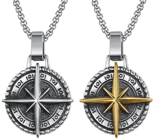 Liitata 2 stycken kompass hänge halsband nordstjärna kompass hänge kedja rock punk hip hop halsband för män kvinnor – guld silver