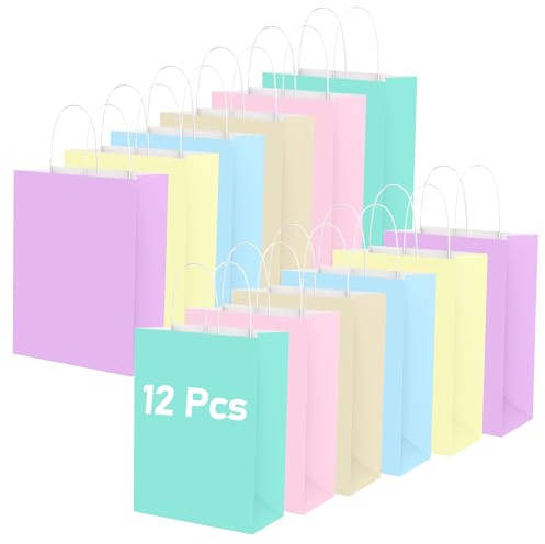 Hiziwimi 12Pcs Small Pastel Paper Gift Bags with Handles for Party & Goody