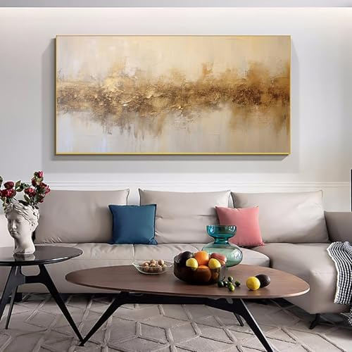UUDEZO Grande dipinto su tela beige e oro con cornice, arte astratta moderna, per camera da letto, casa, ufficio, decorazione da parete 70x140 cm (28x55 pollici) con cornice dorata.