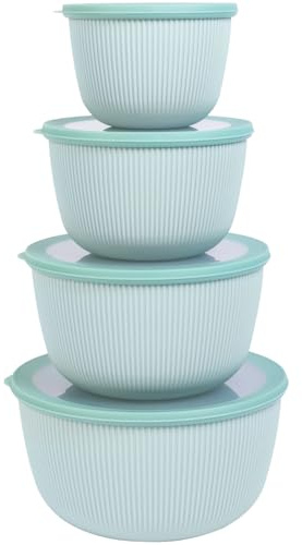 BoxedHome Salatschüssel mit Silikon Deckel, Groß 4er-Set 4,7L/3,2L/2,1L/1,2L, Rührschüssel aus BPA-freiem Kunststoff, Stapelbar, Spülmaschinen- und mikrowellengeeignet, für Camping und Küche, Grün