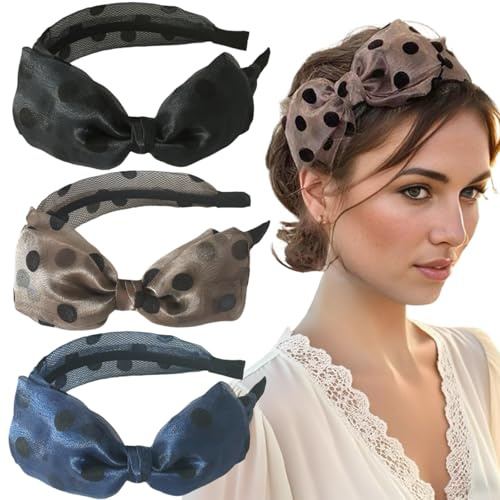 Ypkia 3 pezzi cerchietti per capelli con fiocco da donna larghi fascia per capelli vintage a pois fascia per la fronte accessori per capelli elegante fascia per la testa per donne ragazze