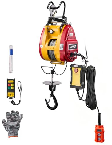 VEVOR Verricello Elettrico per Sollevamento Capacità Carico 300 kg, Gru Portatile con Argano da 1500 W, Altezza di Sollevamento 30 m, Velocità 18,9 m/min con Telecomando Cablato e Wireless