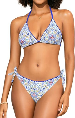 SHEKINI Ensemble bikini triangle à lacets pour femme - Maillot de bain dos nu - Vêtement de plage bohème imprimé - Maillot de bain deux pièces, Bleu Bdl, M