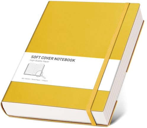 RETTACY B5 Lined Notebook, Leather Softcover Journal, 320 Pages, Yellow | Notepad for Men Women, 100 GSM Thick Ruled Paper, for School Office Writing - 19 × 25 cm