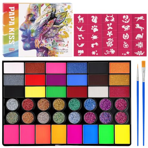 AOOWU 42 Face Paint, vattenbaserat sminkset med 4 klistermärken 2 borstar | Ansiktsmålningsset, kroppsfärger, makeup-set för teatermake-up, halloweensmink, cosplay, karneval
