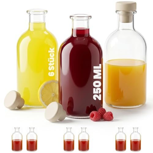 casavetro 6 Bottiglie di Vetro 250ml per Liquori Bomboniere – Bottigliette Piccole 250 ml Vuote – Tappo Trasparente Farmacia Apothecary Stile Vintage