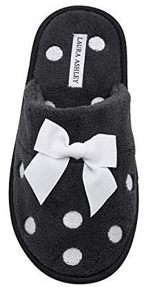 Laura Ashley Ladies Dot Embroidered Soft Terry Plush Scuff Slippers, Black, Medium