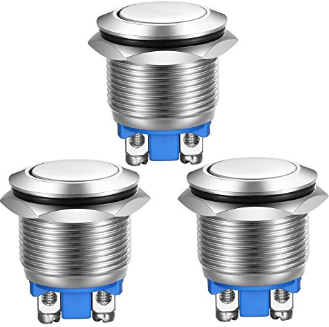 Gebildet 3pcs Momentary Push Button Screw Type Terminals Stainless Steel Metal Waterproof Button 19mm 2A 12V/24V/125V/250V with 2pcs Screw Terminals(Flat Head)