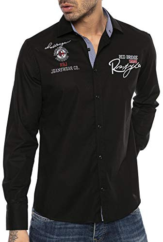 RED BRIDGE Camisa Moderna Bordada de Manga Larga para Hombre Negro