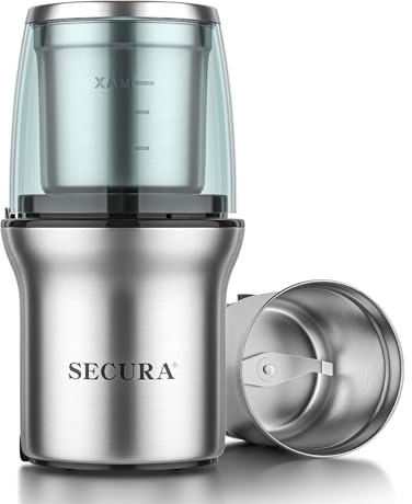 Secura Electric Coffee Grinder and Spice Grinder with Stainless Steel Blades, 1 Removable Bowl, Stainless