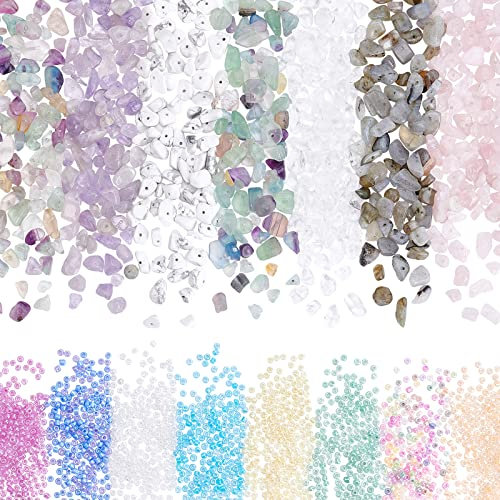 PH PandaHall 1600 Stück 8 Farben Glas 3 mm zylindrische Bastelperlen mit natürlichen Edelstein-Perlen für Ohrringe, Armbänder, Halsketten, Schmuck, DIY Handwerk