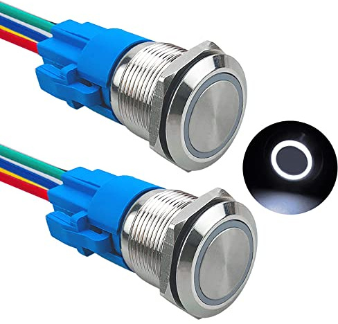 Aiqeer 2 Pezzi 19 mm Interruttore a Pulsante Momentaneo, 12V / 24V 5A Interruttore di Accensione per Auto, Interruttore a Pulsante in Metallo con Presa Precablata (LED Bianco)