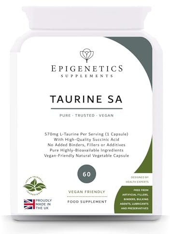 Taurine SA | 570mg L-Taurine Amino Acid + Natural Succinic Acid Antioxidant | 60 Vegan Friendly Capsules UK Made | Long 2 Month Supply by Epigenetics Supplements