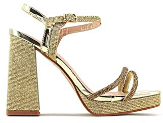 MODELISA - Sandalia Tacón Ancho Brillo Multitiras Hebilla Pulsera Tobillo Plataforma Mujer (Oro, numeric_39)