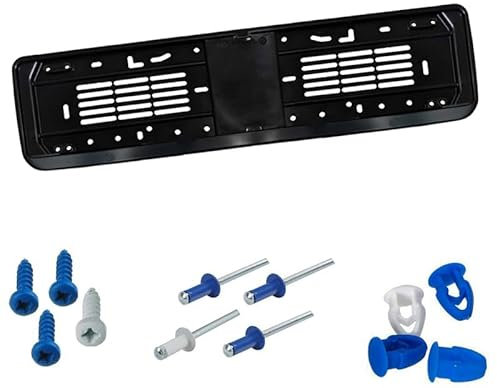 Virsus Kit Portatarga per auto con Banda 0651, misura 53,5x13,5cm, supporto targa universale nera in Polipropilene, Facile installazione, per targhe Europee, 4 Viti, 4 Rivetti e 4 Bottoni (Posteriore)