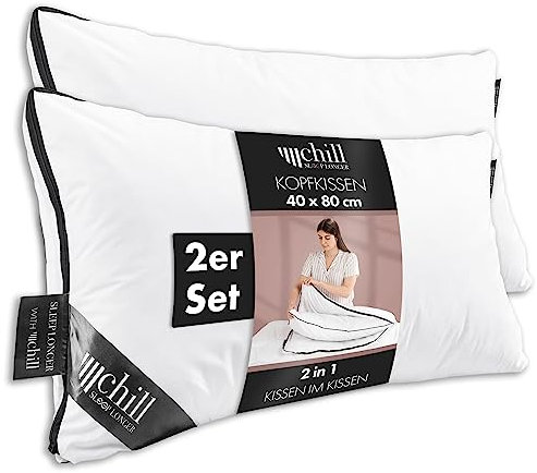 chill SLEEPLONGER 2er Set Kopfkissen 40x80 cm - 2 in 1 Design - Kissen im Kissen 40x80 - Atmungsaktiv & Waschbar & 100% Vegan - 2 Kissen 3 Möglichkeiten - Pillow mit 300g & 600g Kissenfüllung