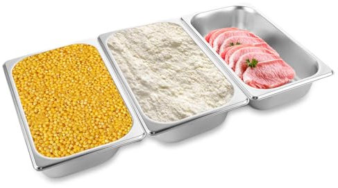 WOPPLXY Juego de 3 bandejas de empanado de acero inoxidable, 32,5 x 17,5 x 6,5 cm, 3 piezas, recipiente GN de acero inoxidable para chuletas, carne, pescado