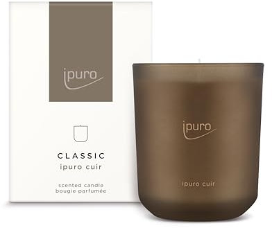 ipuro Cuir - Vela aromática decorativa clásica en tarro de cristal con notas cítricas, vainilla, cuero y madera oscura, velas con aroma de larga duración, color marrón, 270 g